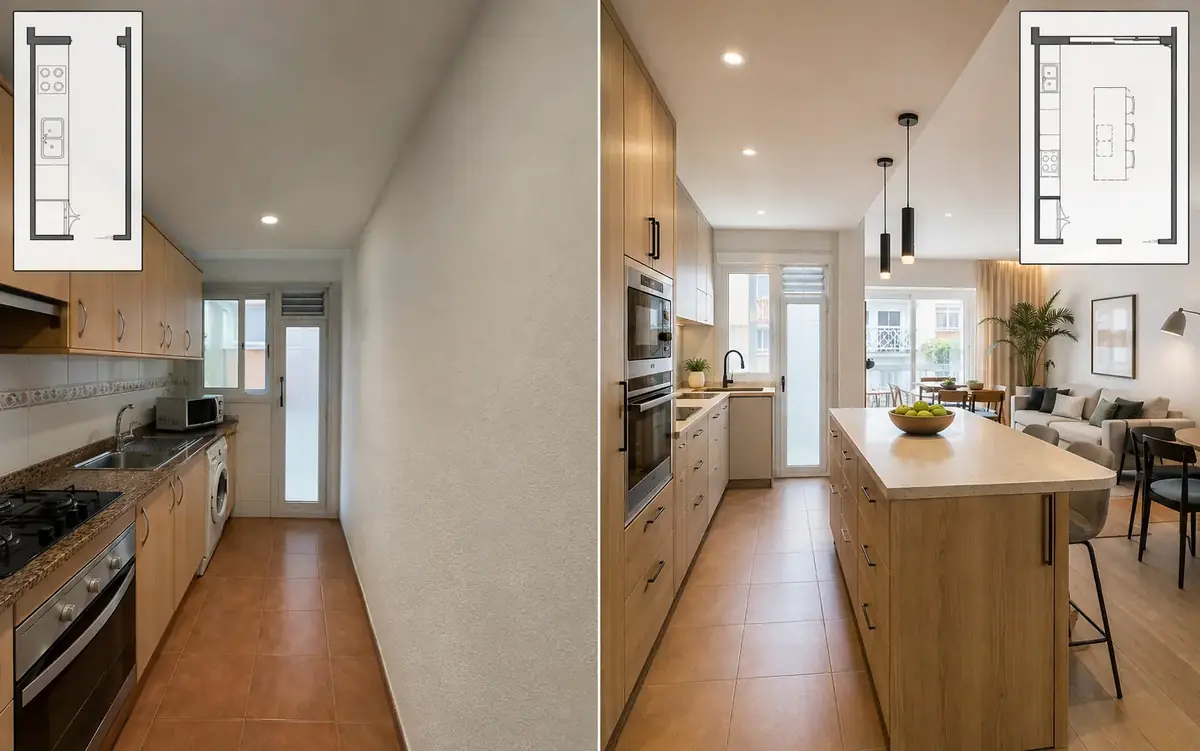 Cocina reformada con estudio de distribución y acabados