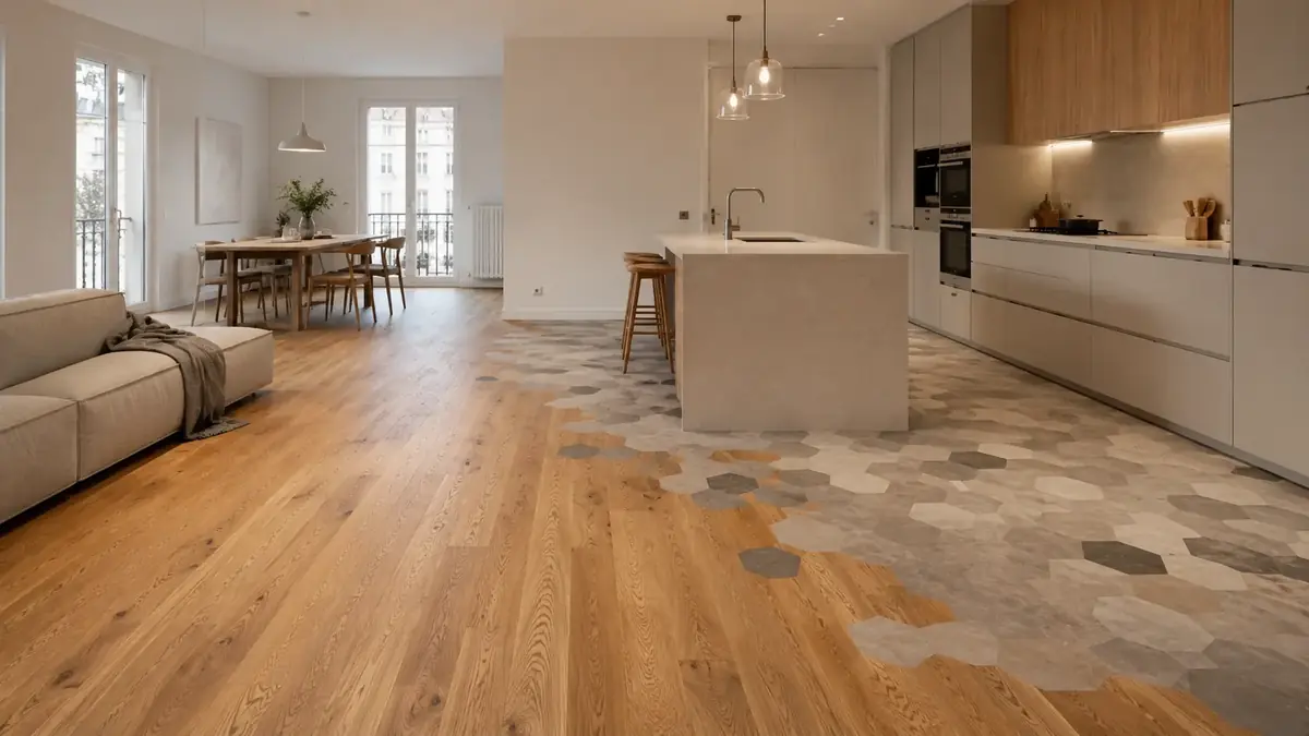 Interior reformado con continuidad de pavimentos, cocina y salón