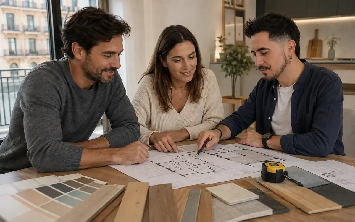 Pareja revisando planos y materiales con un profesional de reformas